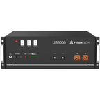 Pylontech US5000 battery unit, front view showing power controls, status indicators, and orange terminal connectors.
