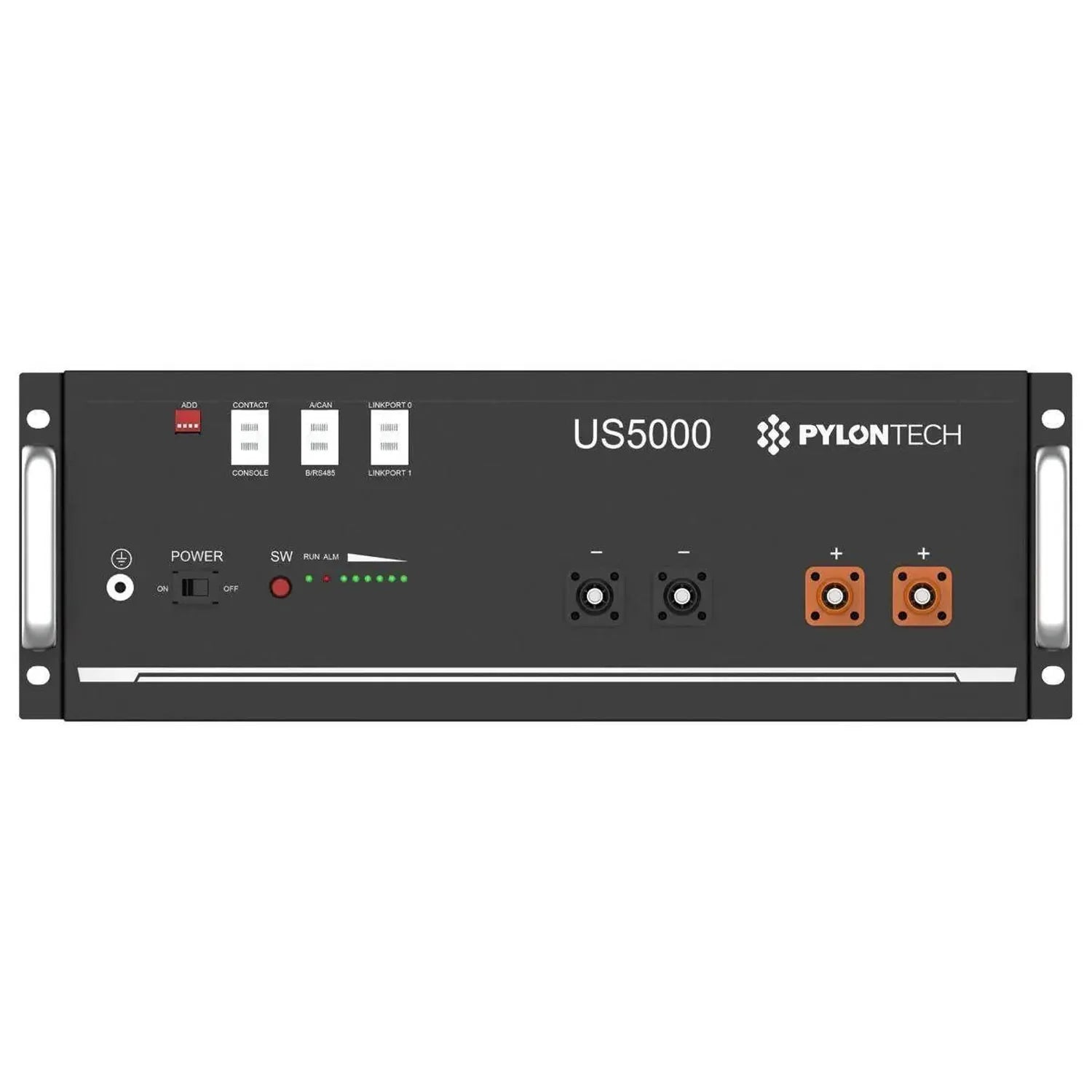 Front panel view of Pylontech US5000 battery unit with power controls, status indicators, and orange terminal connectors.