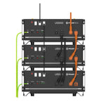 Stacked battery system installation shot showing three Pylontech US5000 units with orange connectors and green power cables, 