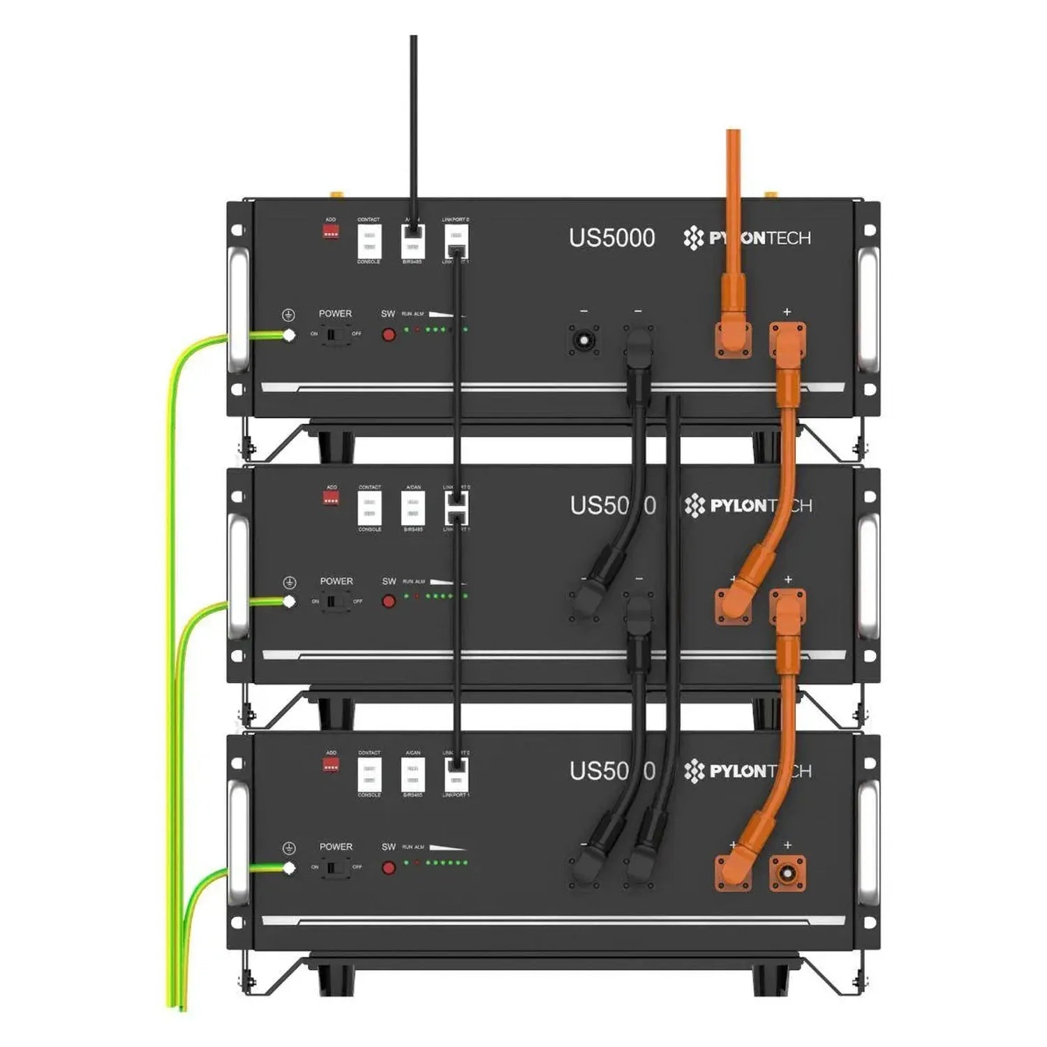 Stacked battery system installation shot showing three Pylontech US5000 units with orange connectors and green power cables, 