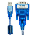 UOTEK UT-8801 USB to RS-232 converter cable with blue translucent connectors and visible circuit board.