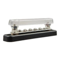 Victron Busbar 150A with clear acrylic cover, silver nickel-plated terminals, and black base featuring ten mounting screws.