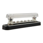 Victron Busbar 150A with clear acrylic cover, silver nickel-plated terminals, and black base featuring ten mounting screws.