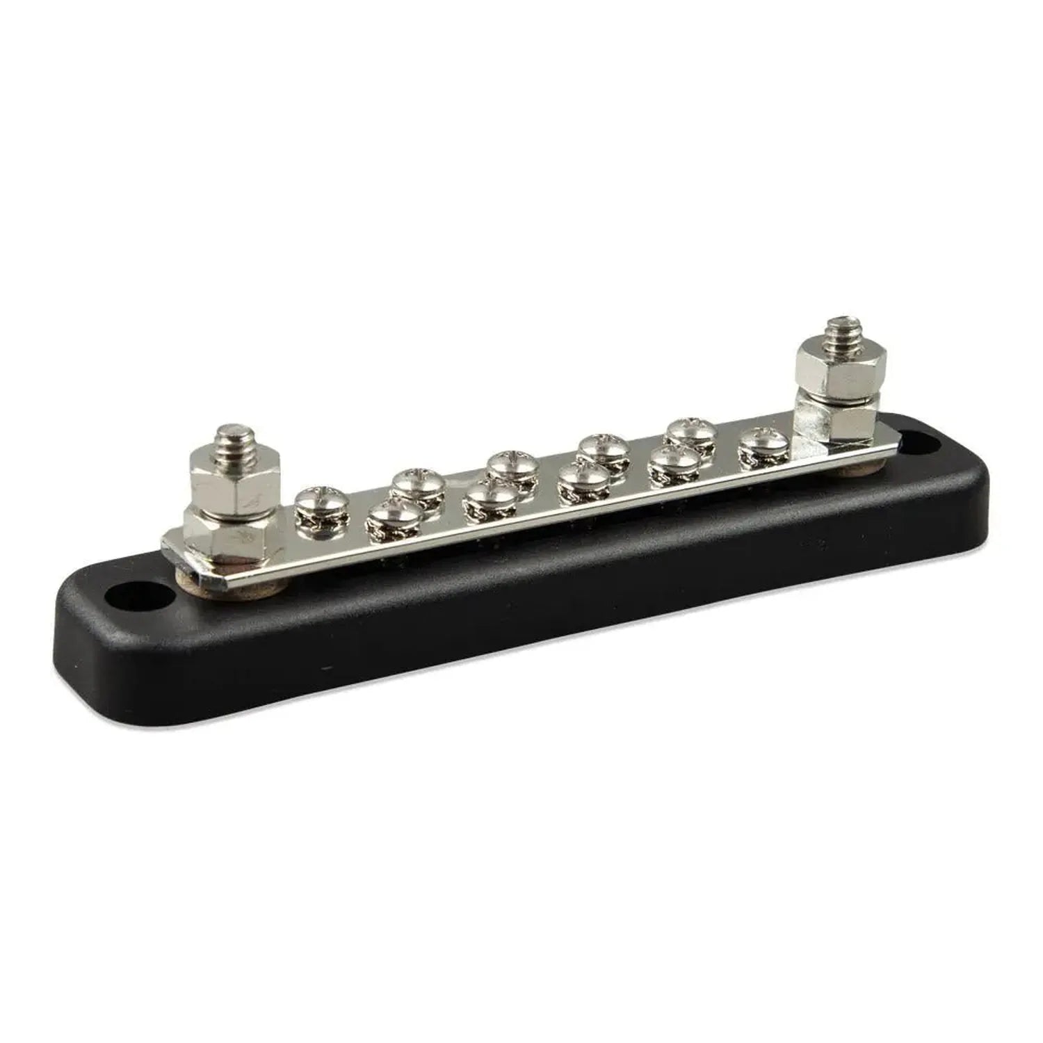 Victron 150A busbar with black rubber cover, nickel-plated terminals, and 10 connection screws arranged in a row.