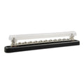Victron 150A busbar with clear polycarbonate cover and multiple silver terminal screws mounted on black base, product shot on
