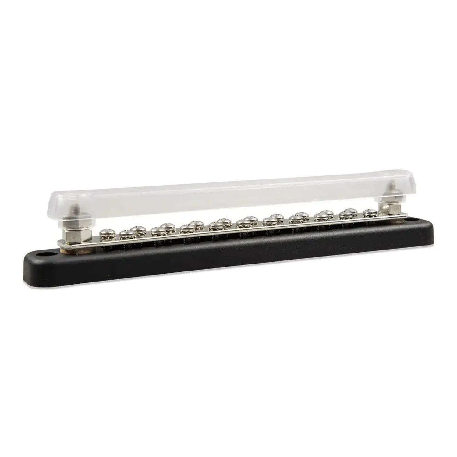 Victron 150A busbar with clear polycarbonate cover and multiple silver terminal screws mounted on black base, product shot on