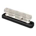 Victron 150A busbar with clear polycarbonate cover and four silver connection poles mounted on black base.