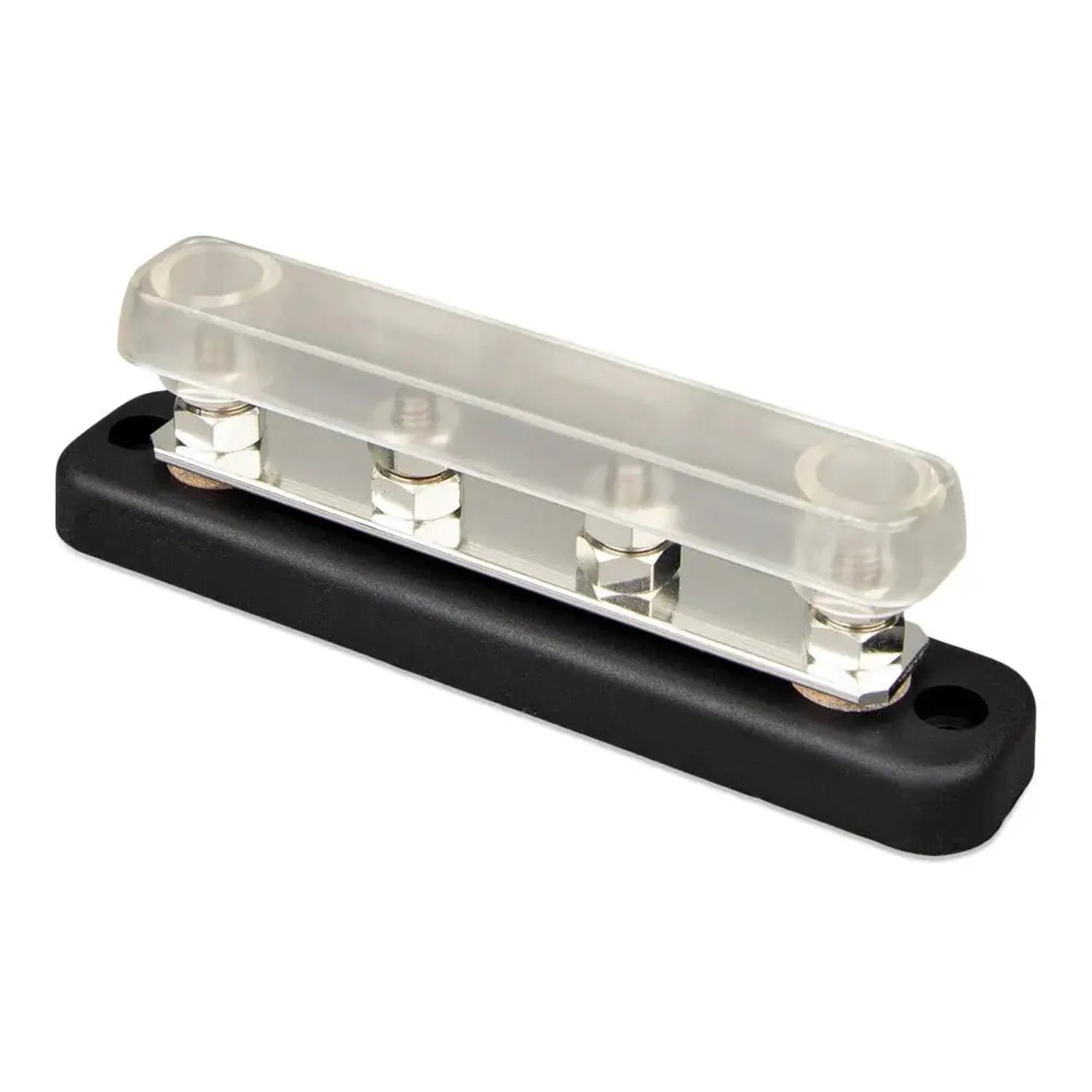 Victron 150A busbar with clear polycarbonate cover and four silver connection poles mounted on black base.