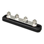 Victron 150A four-pole busbar with stainless steel terminals and black rubber cover, shown as a standalone product.