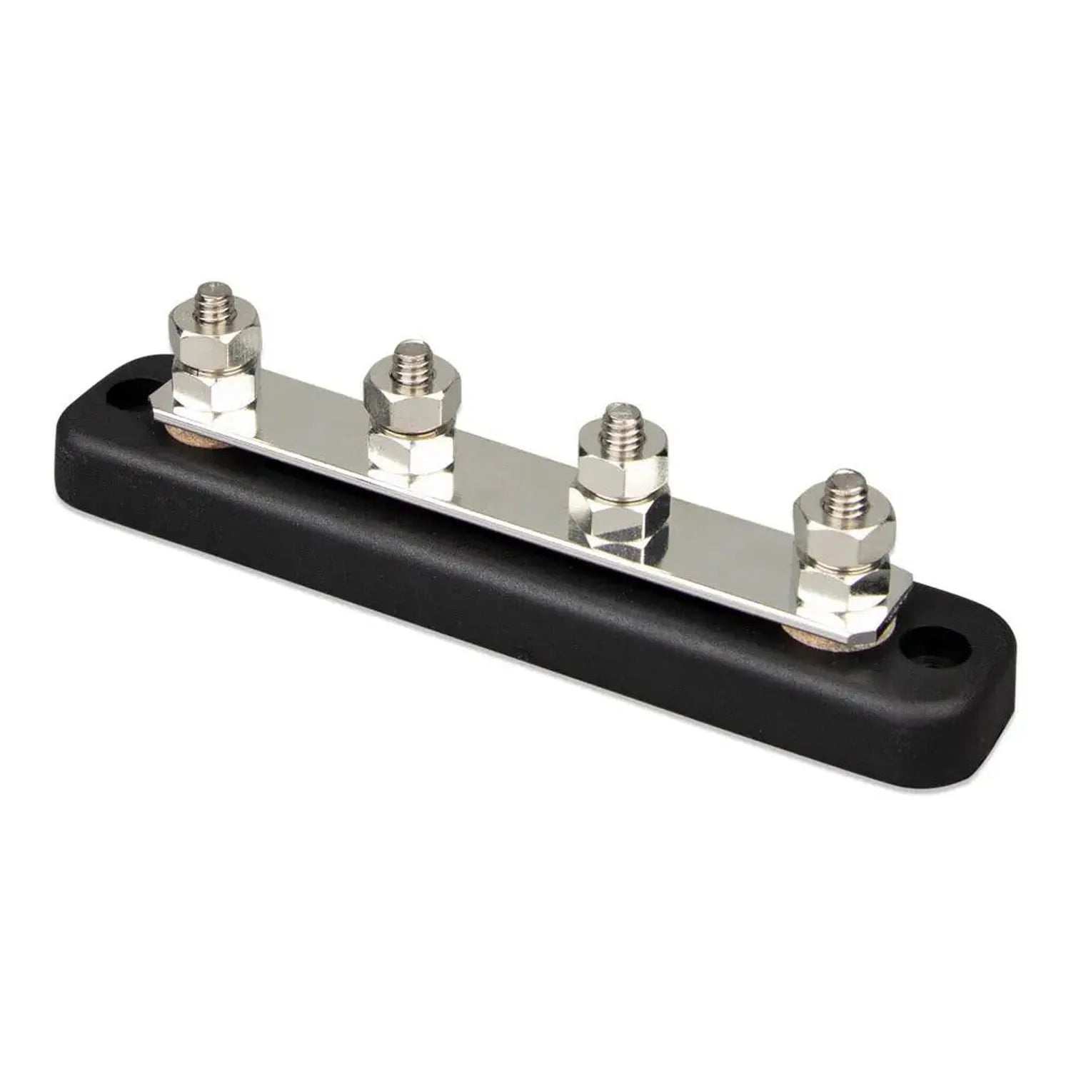 Victron 150A four-pole busbar with stainless steel terminals and black rubber cover, shown as a standalone product.
