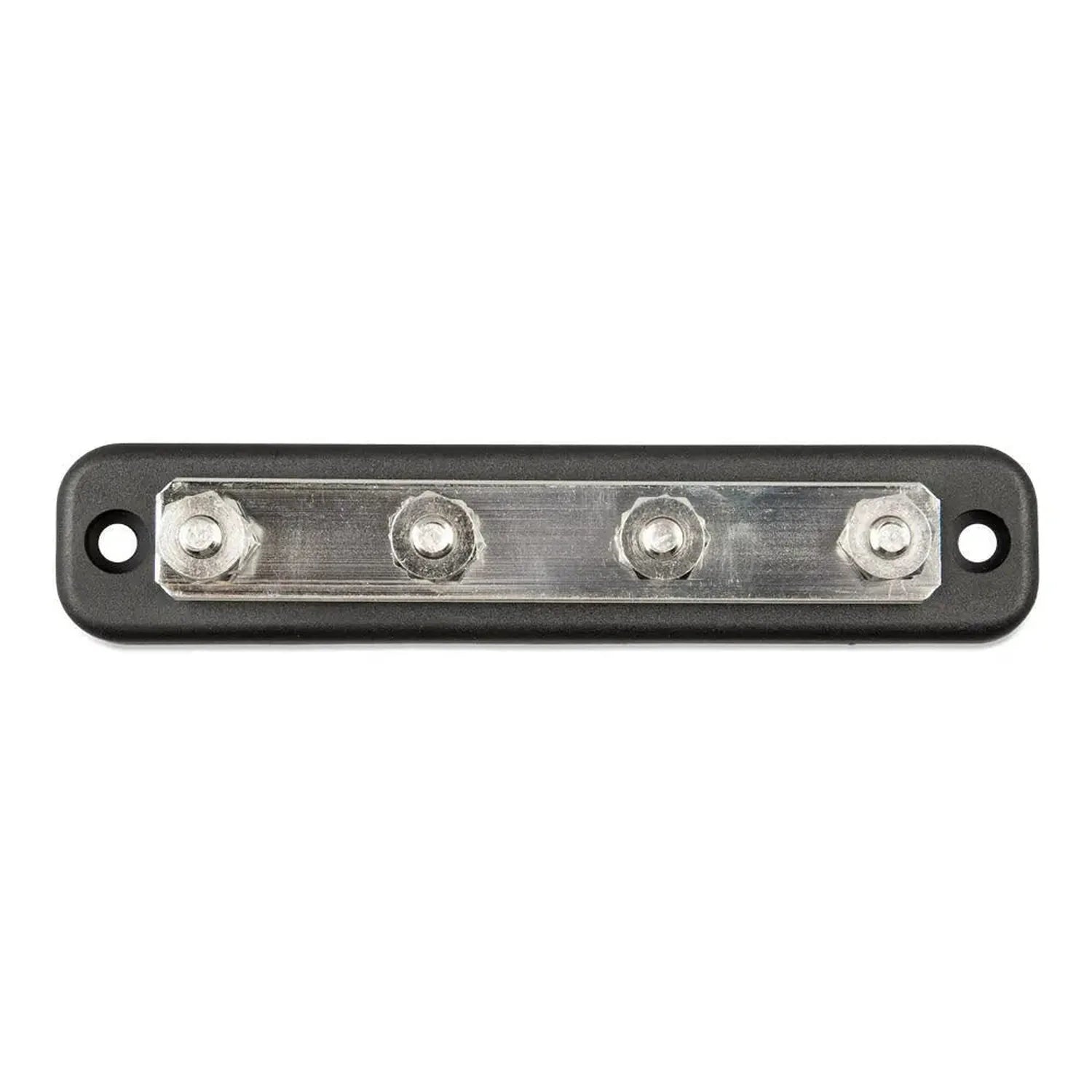 Victron Busbar 150A with black plastic cover and four silver terminal posts, mounted view.