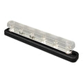 Clear acrylic busbar with black base and mounting hardware, six metal contact positions visible through transparent cover