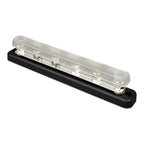 Clear acrylic busbar with black base and mounting hardware, six metal contact positions visible through transparent cover