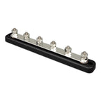 Victron 150A busbar with six stainless steel terminal posts mounted on black polymer base with protective cover.