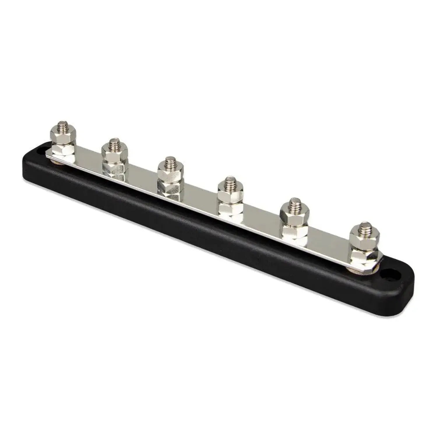 Victron 150A busbar with six stainless steel terminal posts mounted on black polymer base with protective cover.