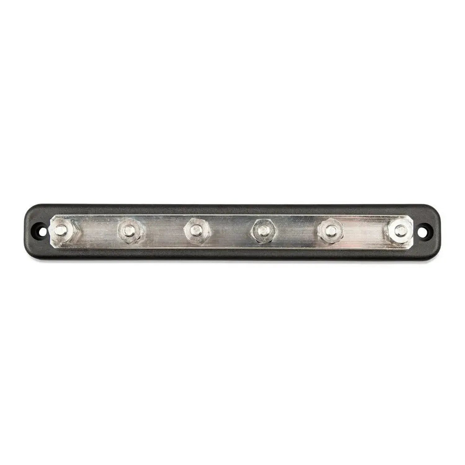 Victron 150A busbar with black rubber cover, six silver stud terminals arranged in a row, mounting holes at each end.