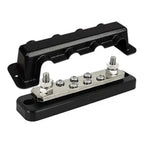 Victron 250A busbar with stainless steel terminals, six mounting screws, and black plastic cover and mounting bracket.
