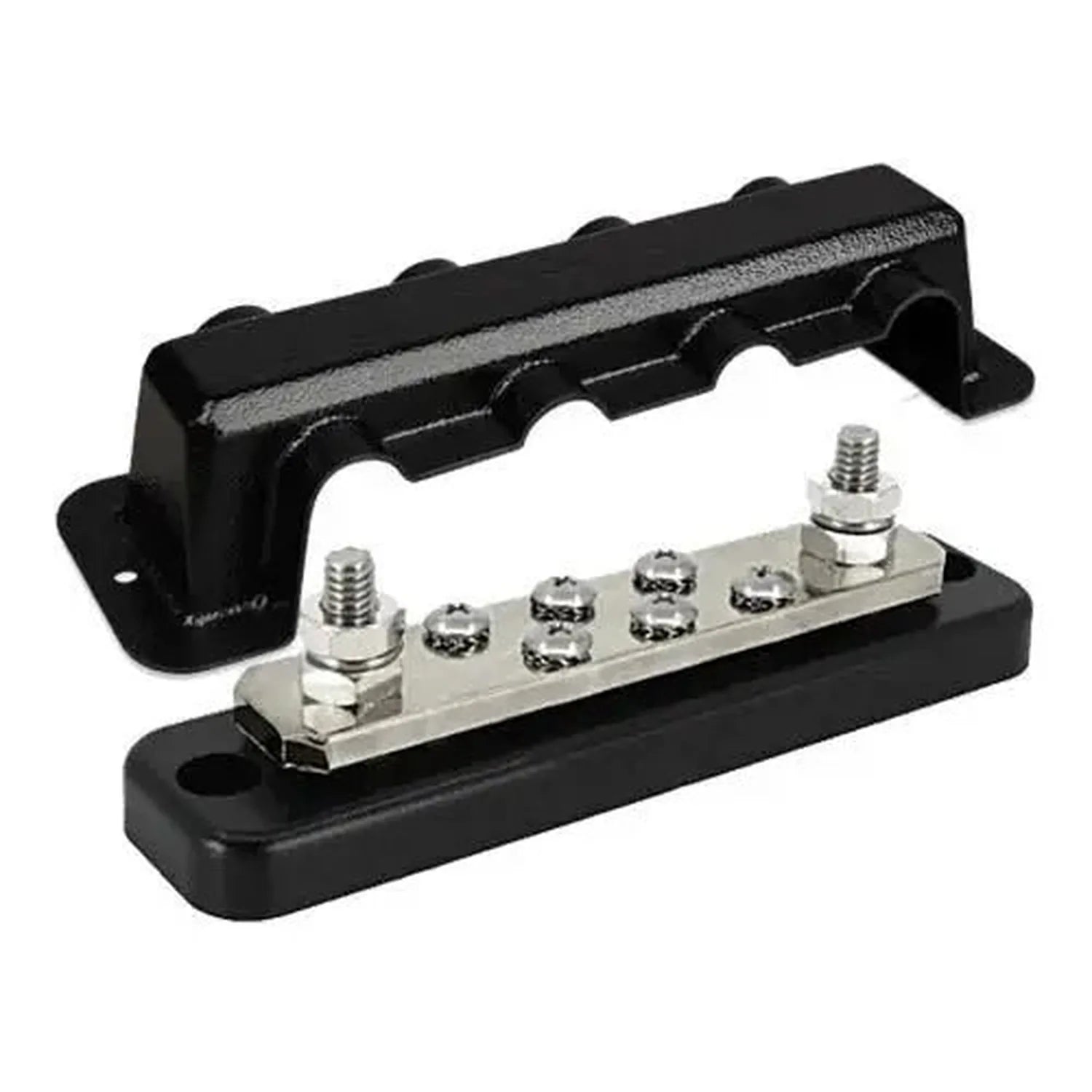 Victron 250A busbar with stainless steel terminals, six mounting screws, and black plastic cover and mounting bracket.