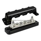 Victron 250A busbar with silver terminal posts and black plastic cover, shown disassembled with mounting hardware.
