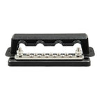Black busbar with silver metal terminals and six screw connections, shown with protective cover and mounting hardware.