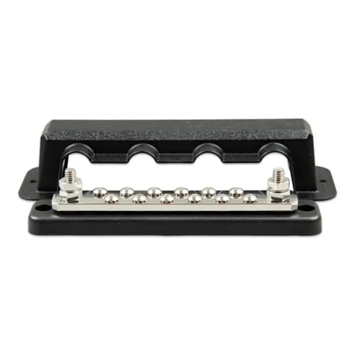 Black busbar with silver metal terminals and six screw connections, shown with protective cover and mounting hardware.