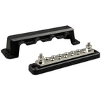 Victron 250A busbar with polished metal terminal studs and black plastic cover and base, shown disassembled.