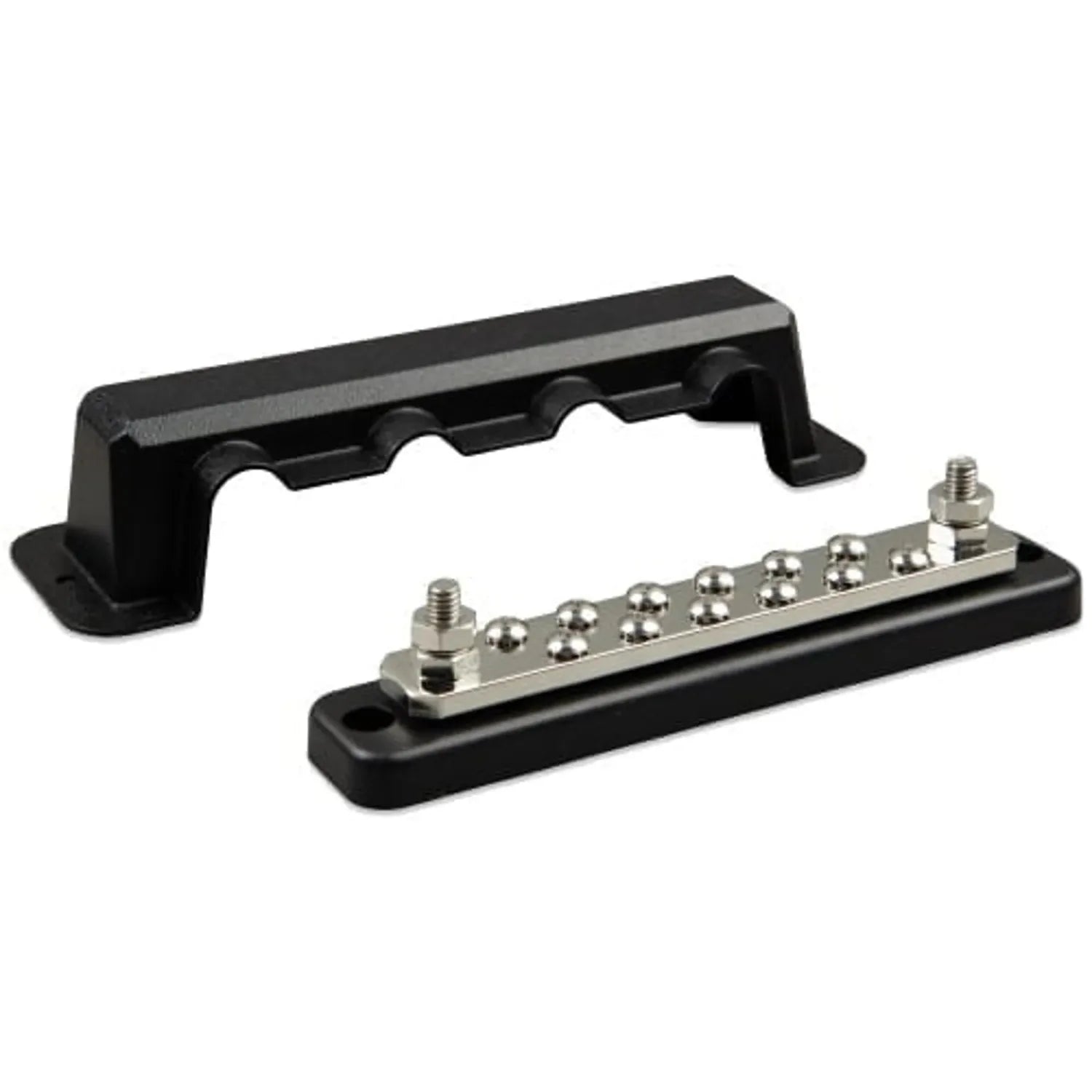 Victron 250A busbar with polished metal terminal studs and black plastic cover and base, shown disassembled.