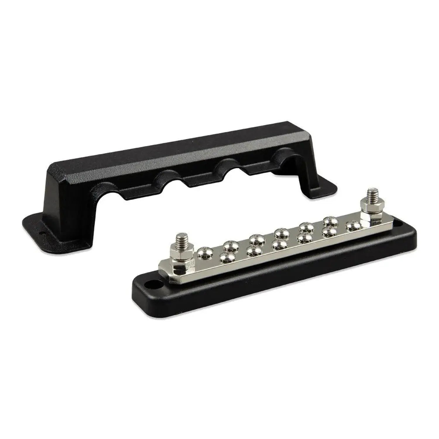 Victron 250A busbar with silver terminal studs and black plastic cover and base, shown disassembled with cover positioned abo