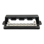 Black 250A busbar with silvered contacts and protective cover, showing 12 connection points and two threaded studs.