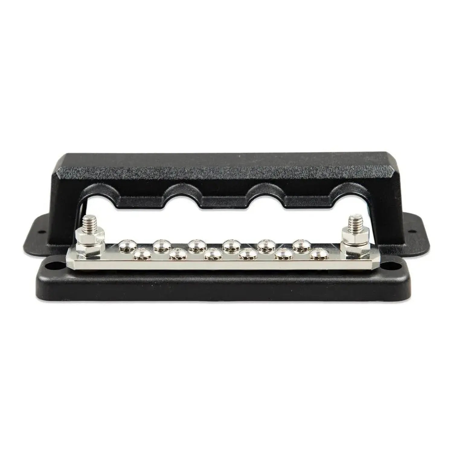 Black 250A busbar with silvered contacts and protective cover, showing 12 connection points and two threaded studs.