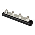 Victron 250A four-pole busbar with silver metal bar and four threaded studs mounted on black rubber base with cover.