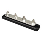 Victron 250A four-pole busbar with silver metal bar and four threaded studs mounted on black rubber base with cover.