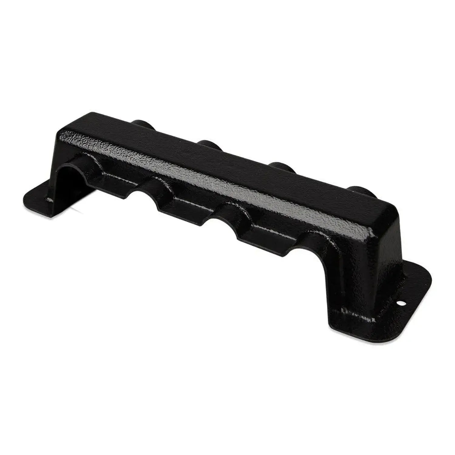 Black metal busbar with four cylindrical poles and protective cover, mounted on white background.
