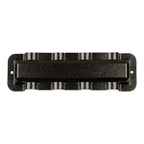 Black 250-amp busbar with striped cover and mounting holes, front view product shot.