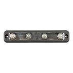 Black busbar with four silver terminal posts and mounting holes, product alone on white background