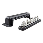 Victron 250A busbar with six stainless steel terminals and black protective cover, product shot on white background.