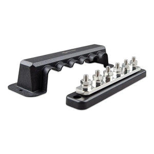 Victron 250A busbar with six stainless steel terminals and black protective cover, product shot on white background.