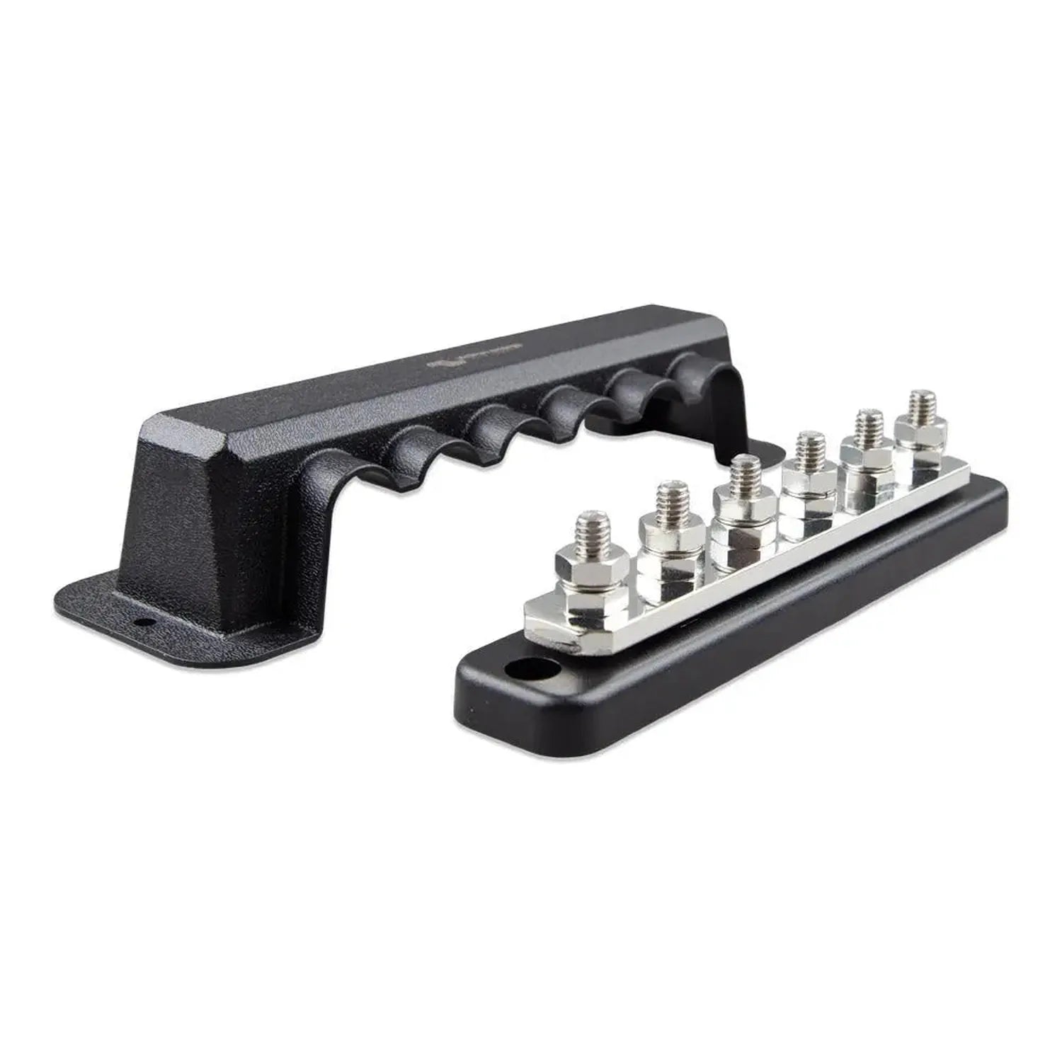 Victron 250A busbar with six stainless steel terminals and black protective cover, product shot on white background.