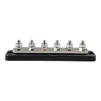 Victron 250A busbar with six polished stainless steel studs mounted on black base, viewed from the side.