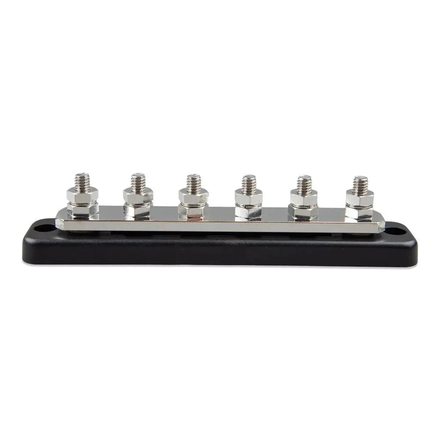 Victron 250A busbar with six polished stainless steel studs mounted on black base, viewed from the side.