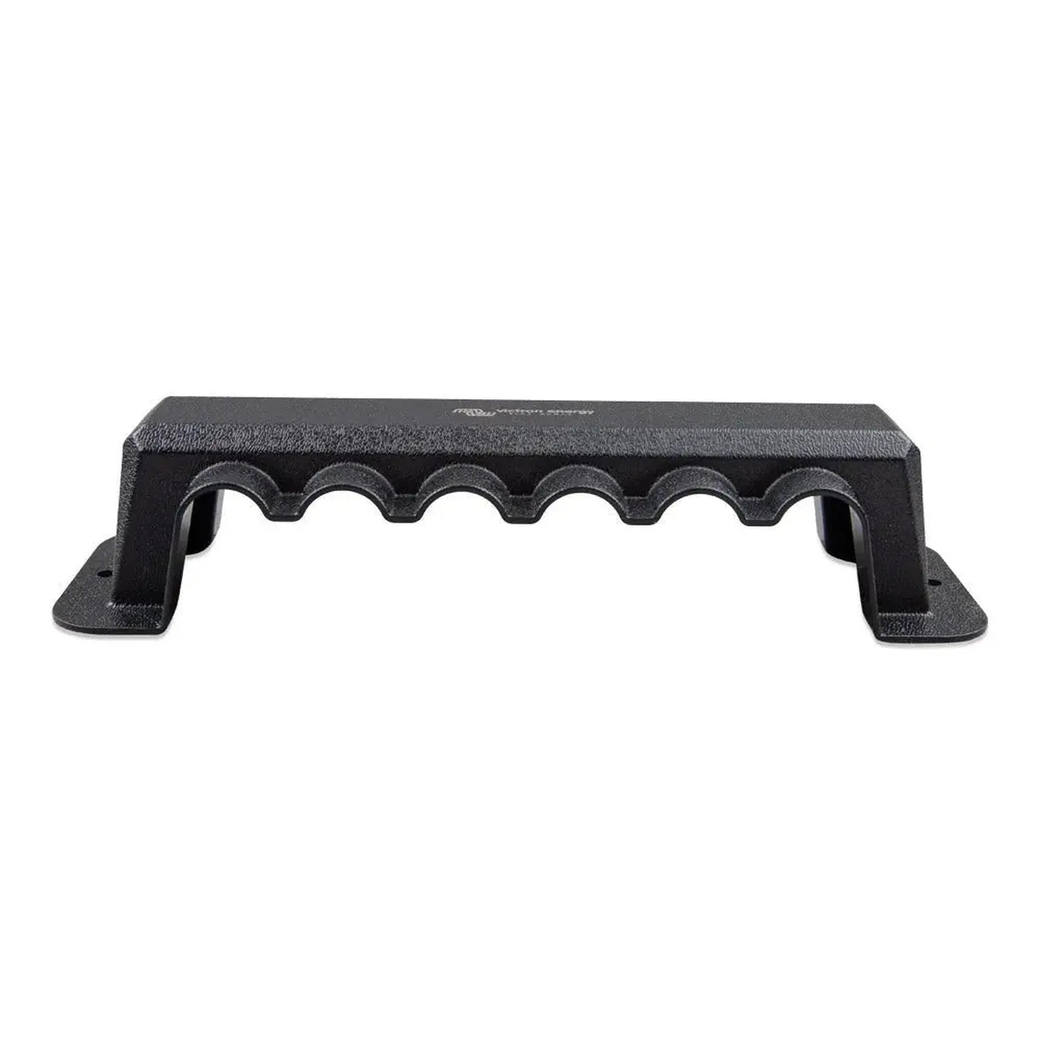 Black 6-way busbar with wavy cover design and mounting feet, product alone against white background.