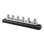 Victron 250A busbar with six stainless steel studs mounted on black base, shown as product alone against white background.