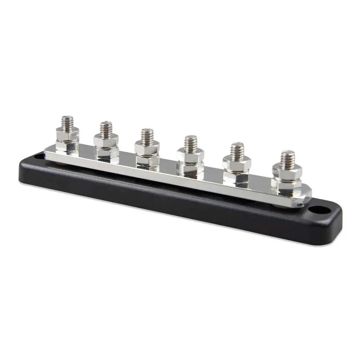 Victron 250A busbar with six stainless steel studs mounted on black base, shown as product alone against white background.
