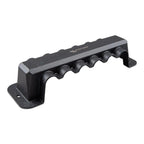 Black cast metal 6-way busbar with cylindrical connection posts and protective cover, shown against white background.