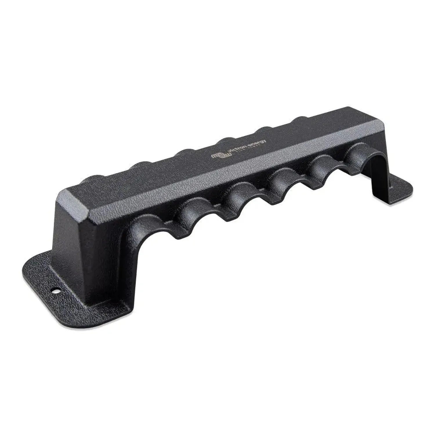 Black cast metal 6-way busbar with cylindrical connection posts and protective cover, shown against white background.