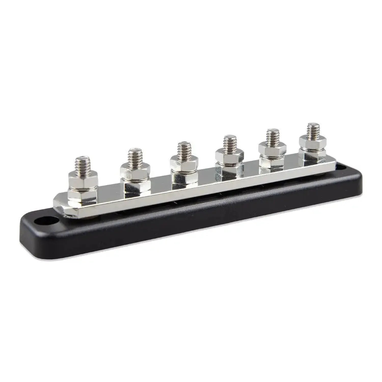 Victron 250A six-way busbar with stainless steel terminals and black protective cover, product shot on white background.