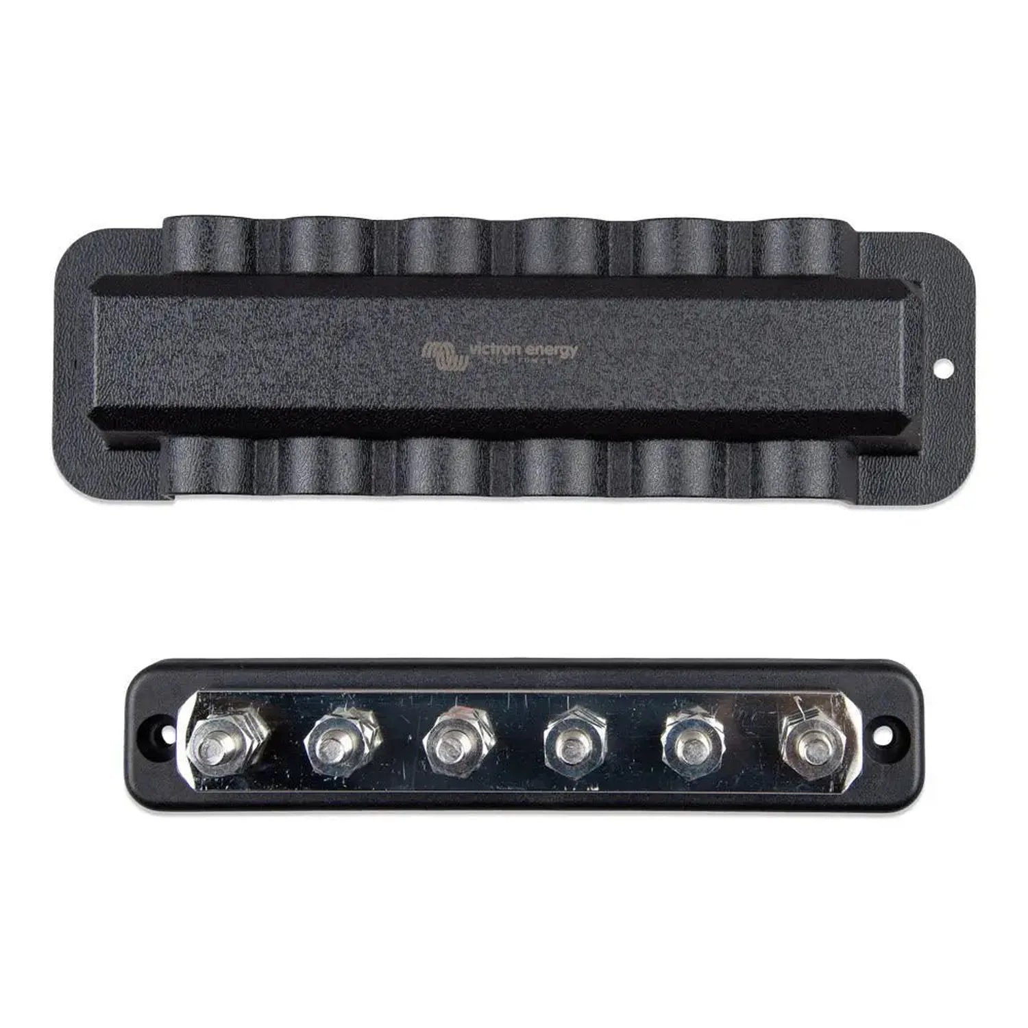 Victron 250A busbar with black polymer cover and six terminal posts, shown separated above assembled component.