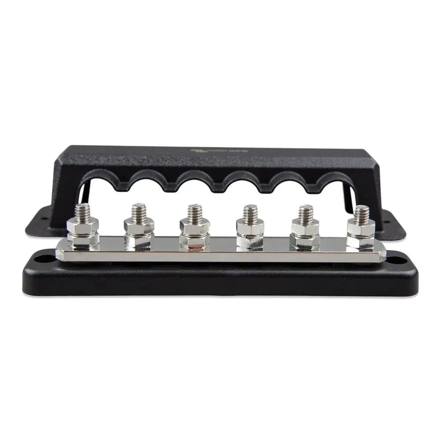 Victron 250A 6-way busbar with black plastic cover and silver terminal studs, shown as product standalone view.