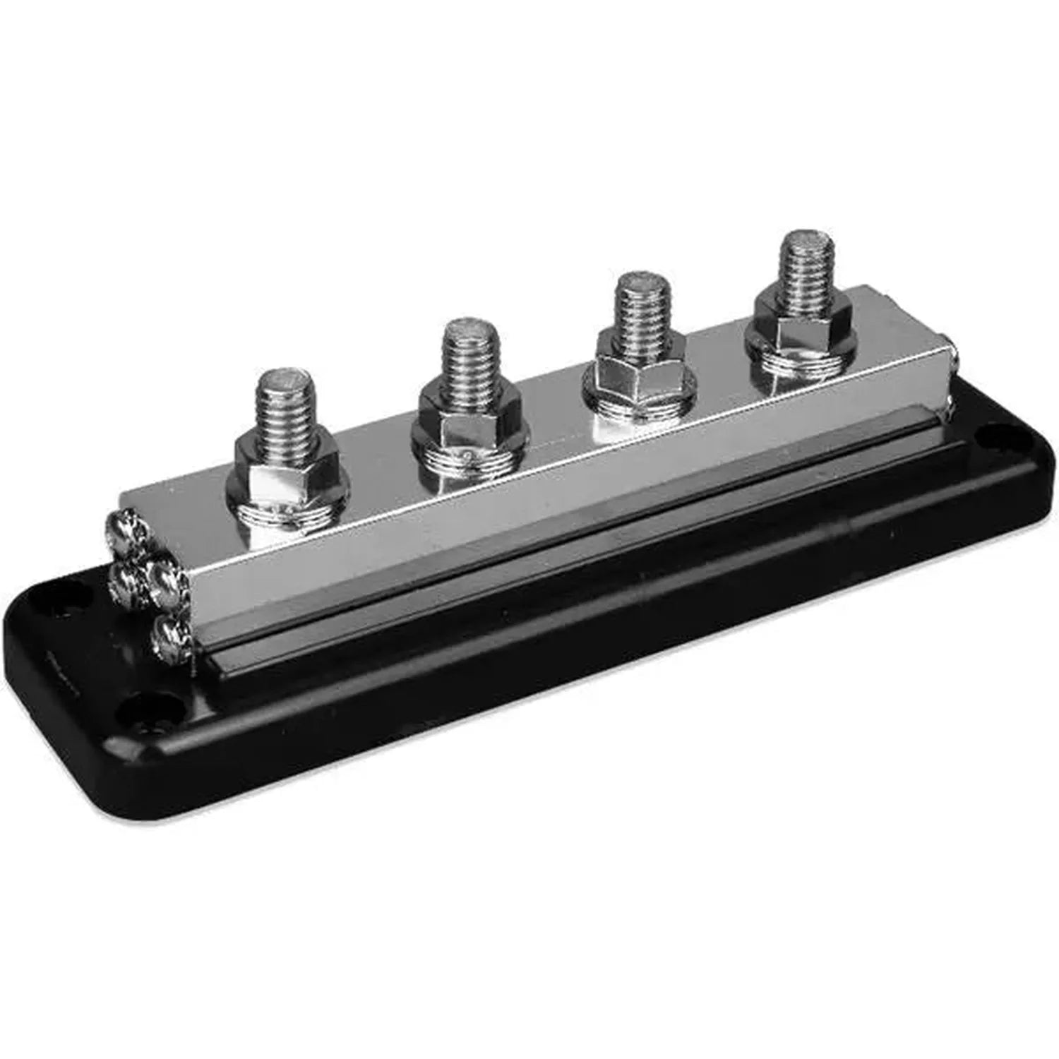 Victron 4-pole busbar with four stud terminals mounted on black base with silver cover plate.