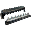 Victron 600A busbar with black cast housing, eight stud terminals, and removable cover displayed as separate components.